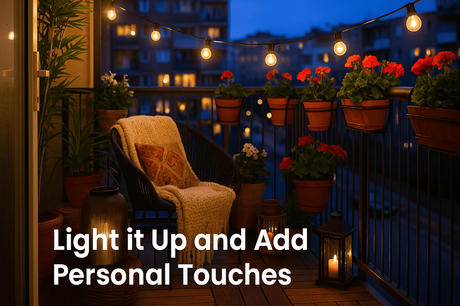 A creatively decorated balcony with plants, soft lighting, and personal touches (notice the cuddly toy!) creates a warm, inviting atmosphere.